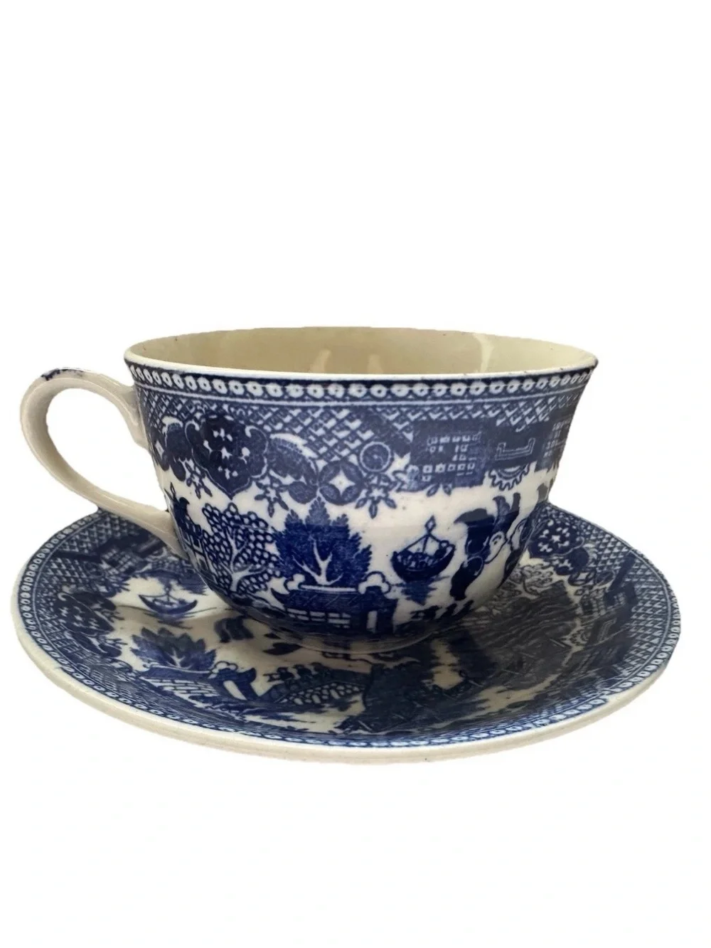 Vintage Japanese Blue Willow Ceramic Teacup and Saucer Set Transfer ware 2 Sets